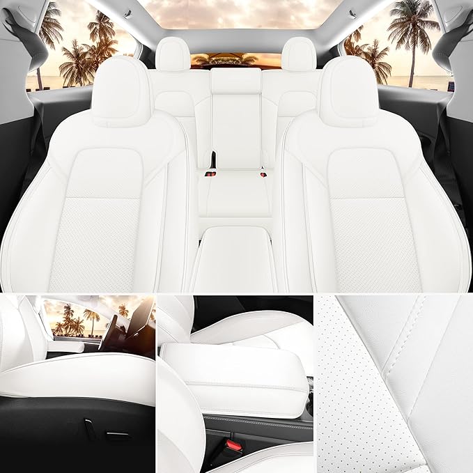 Tesla Model Y Seat Covers White Tesla Car Seat Cover 12pcs Waterproof Nappa Leather Seat Cover Fully Wrapped Customized for Tesla Model Y 2020-2024 (TY-White)