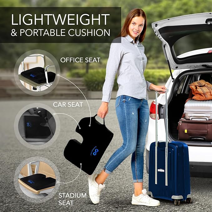 Everlasting Comfort Memory Foam Car Seat Cushion - Tailbone Pain Relief, Driving Seat Cushion for Short People - Office, Wheelchair, Gaming Chair, Travel - Non-Slip, Washable Cover