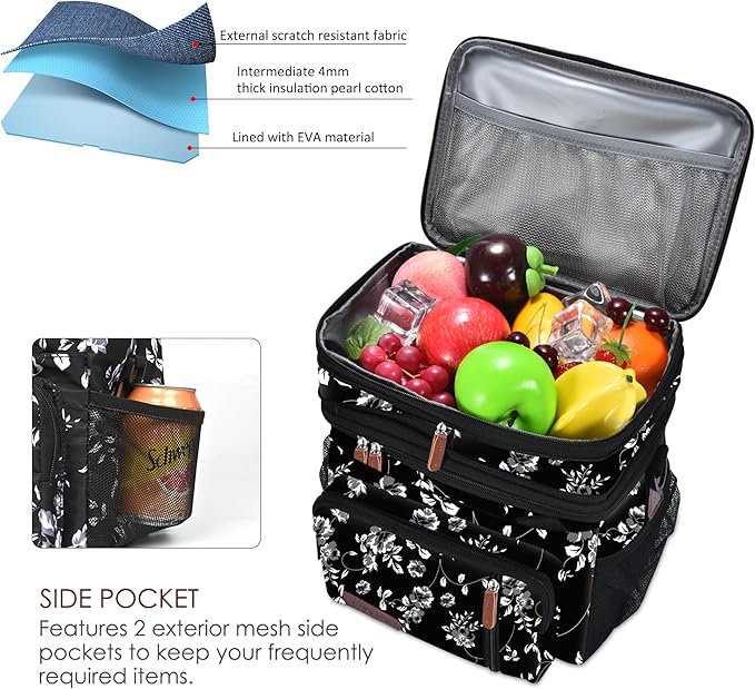 MIYCOO Lunch Bag & Lunch Box for Women Men, Double Deck Leakproof Insulated Soft Large Adult Camping Cooler bag for Work, Beach, Picnic, Travel (White Flower, 15L)