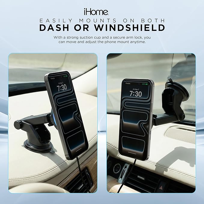 iHome Car Mount, Dashboard/Windshield/Vent Mount, Swivel Neck, Silicone Grip, Adjustable Mount Arm with Suction Cup Base (Magnetic Charging Car Mount)