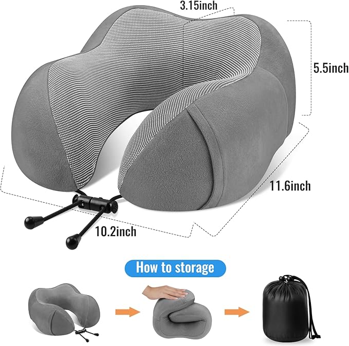 CloudBliss Travel Pillow Premium Memory Foam, Comfortable & Supportive Neck Pillow, Sleeping Neck Pillows for Travel, Airplane Pillow for Sleeping Airplane, Car, Office and Home（Dark Grey）