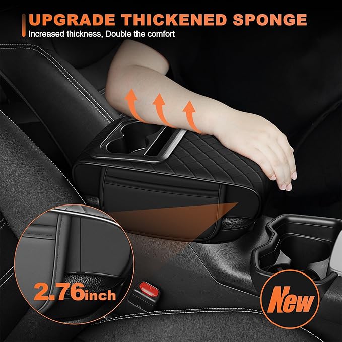 Center Console Cover Fit for Kia Soul 2010-2025 with 2 Storage Bags Waterproof Leather Quilted Pattern Car Armrest Cover Cushion Elevating Pad Anti-Slip(Black)