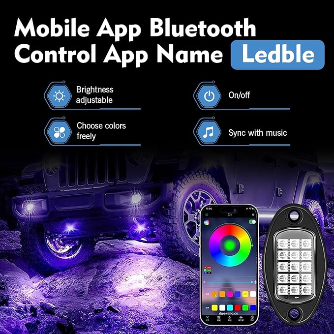 4PCS RGB LED Rock Lights, Underglow Multicolor Neon Light, Footwell Wheel Well Light Pods, with APP Control & Music Mode, Rock Lights for Trucks, SUV, ATV, UTV, Pickup, Motorcycles