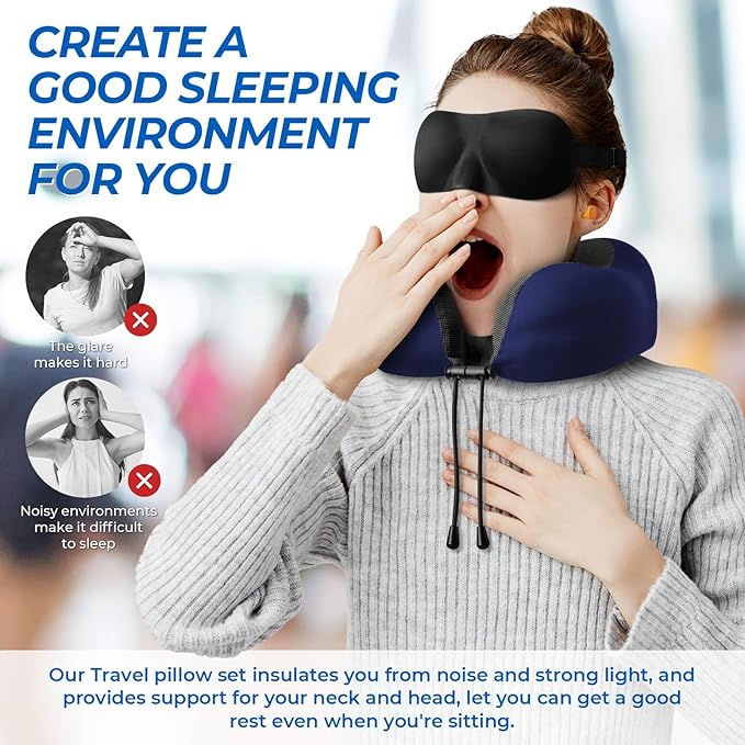 Travel Pillow, Travel Pillows for Sleeping Airplane, Neck Pillow Airplane, Memory Foam Neck Pillow Set with Eye Mask, Earplugs and Storage Bag -Blue
