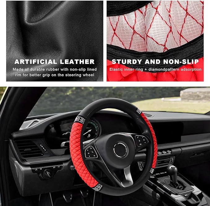 Bling Soft Leather Steering Wheel Cover, 14.5-15 Inch Sparkly Rhinestones Non-Slip Car Steering Wheel Protector, Elastic Auto Steering Wheel Cover Interior for Women Girls (Red)