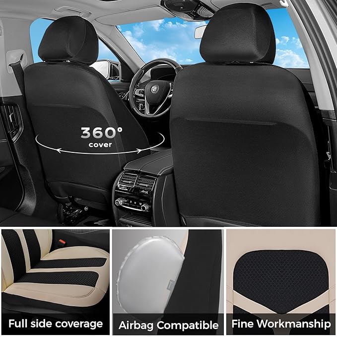 FLORICH Car Seat Covers Full Set, Universal Seat Cover 5 Seats, Automotive Seat Covers with Mesh Leather, Waterproof Car Seat Protector, Breathable Car Seat Cushion for Most Car SUV Truck, Beige