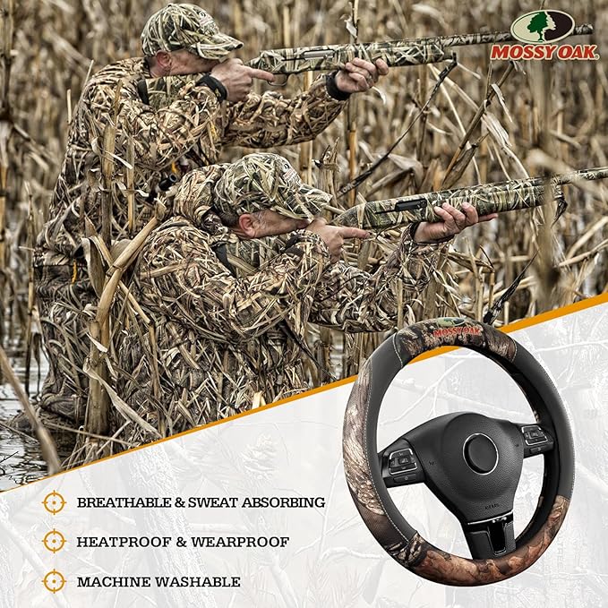 Mossy Oak Full Camo Steering Wheel Cover - Made from Premium Leather, Universal Fit for 14 1/2 to 15 inches - Official Licensed Product - Gray Color