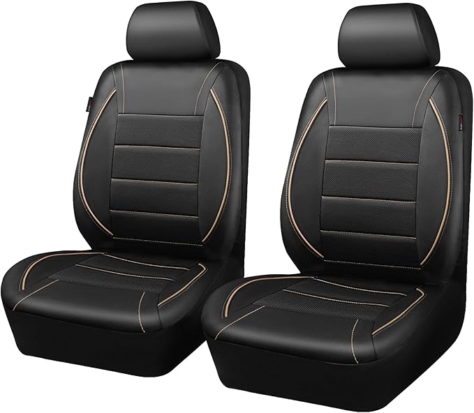 CAR PASS Universal FIT Piping Leather Two Front Seat Covers, Waterproof Faux Leather for SUV Sedan Van Truck, Airbag Compatible,Reserved Opening Holes for Headrest Covers. (Black and Beige)