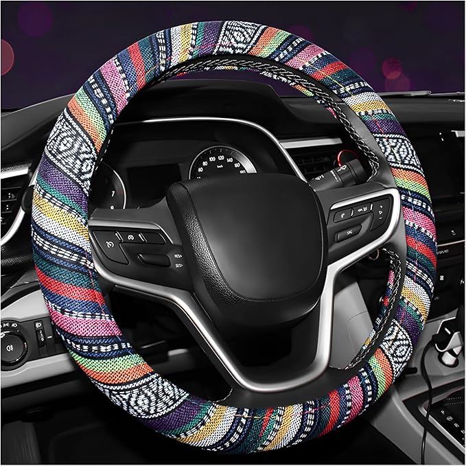 Boho Steering Wheel Cover, 15 Inch Coarse Flax Cloth Ethnic Style Anti-Slip Car Wheel Wrap, Universal Breathable Bohemian Steering Wheel Protector for Cars Vans Trucks (B)