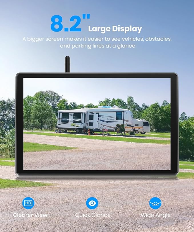 AUTO-VOX 8.2'' RV Backup Camera Wireless: Compatible with Pre-Wired RV, 1080P HD Monitor with CarPlay, Voice Control, IR Night Vision, DVR Recording Back Up Camera for Camper, Trailer, Motorhome