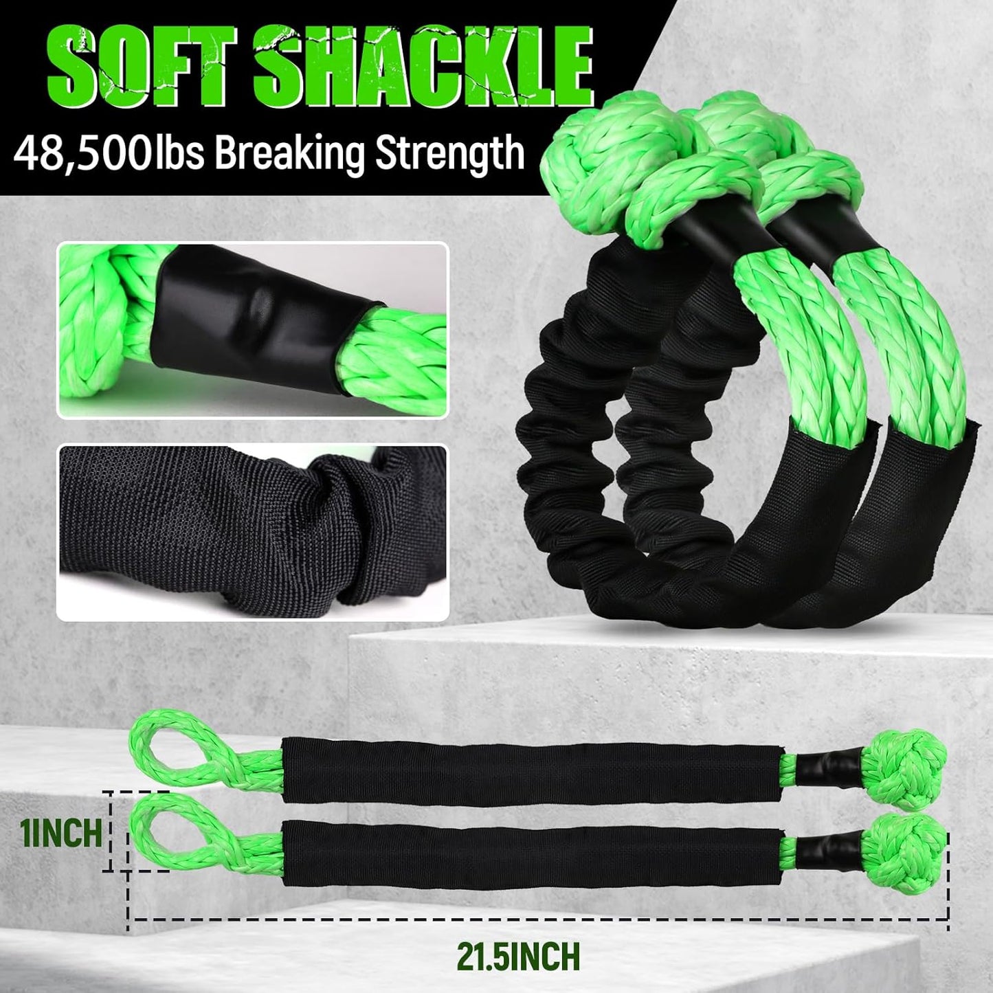 GODIAG 1"×30ft Kinetic Recovery Tow Rope (46500lbs) Heavy Duty Energy Rope with 2 Soft Shackles, 30% Elasticity Offroad Power Strap for Truck Jeep Car ATV UTV Tractor