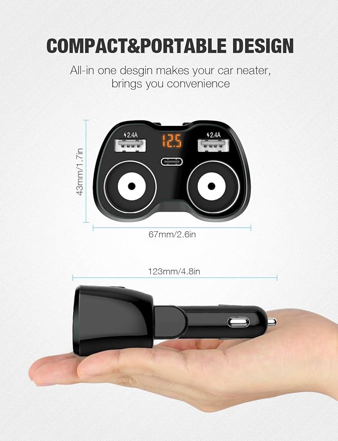 Otium USB C Car Charger, 2 Sockets Cigarette Lighter Splitter 12/24V 80W Dual USB Type-C Ports Separate Switch LED Voltage Display Built-in Replaceable 10A Fuse Compatible Mobile Phone GPS Dash Cam