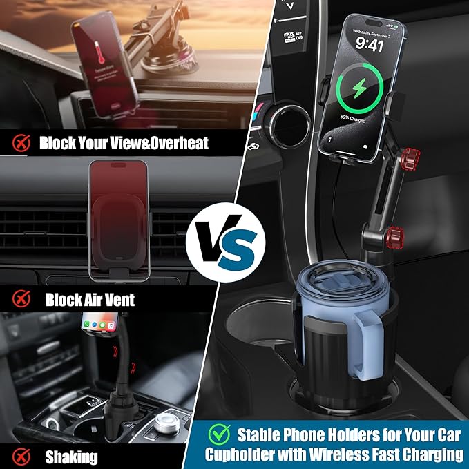 Wireless Car Charger Phone Mount Cup Holder, 3 in 1 15W Fast Charging Auto Clamping Cup Holder Expander for Car, Phone Holders for Your Car CupHolder Wireless Charger Compatible for All Smartphones