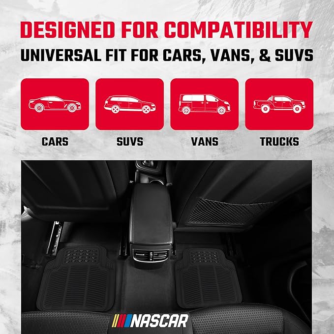 NASCAR Premium Car Floor Mats - 4-Piece Set | Heavy Duty All-Weather Rubber | Universal Trim-to-Fit for Cars, Trucks & SUVs | Traps Dirt, Snow & Water | Black Floor Mats