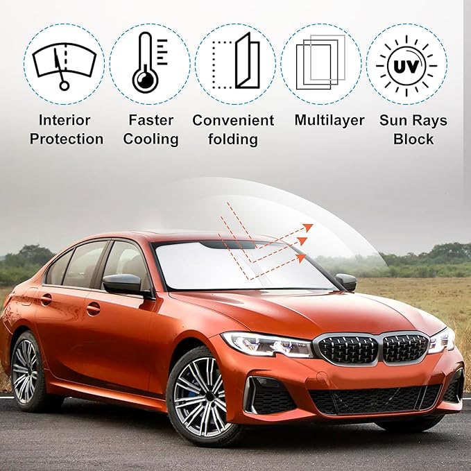 Windshield Sun Shade Custom Fit for 2013 2014 2015 2016 2017 2018 BMW 3 Series/F30/F31/F80/M3 Accessories Foldable Sunshade Sun Blocker Protect Car from Sun Rays & Heat Damage Keep Car Cooler
