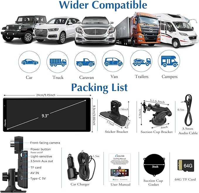 Carpuride 4K W903 Portable Wireless Carplay & Android Auto with Dash Cam - 9.3" HD IPS Screen, 4K Front Camera, Loop Recording, Bluetooth, Mirror Link, GPS, Siri, Dashboard Mounted