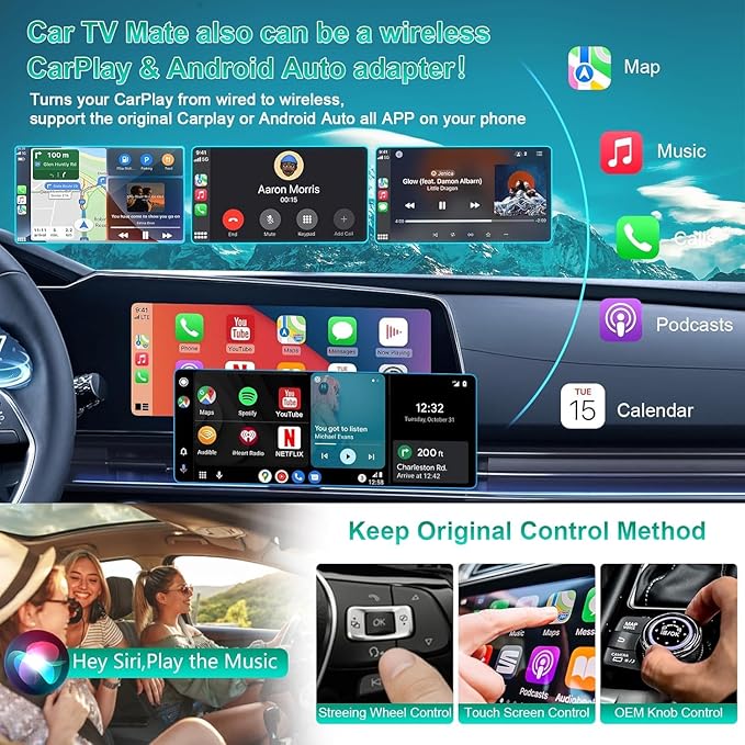 Car TV Mate Pro with Wireless CarPlay and Android Auto Adapter,Upgrade HDMl Multimedia Adapter for TV Stick Converter,HDMI Car Play Dongle (Black)