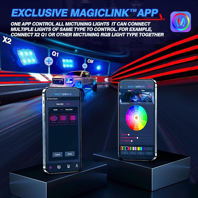 MICTUNING 2026 Upgraded X2 RGB Rock Lights Kit, APP & Remote Dual Control, 8 Pods Neon Light Lighting Kit, IP68 Waterproof, Music Sync, Strobe Effects for Trucks, Boat, RV, ATVs, UTVs