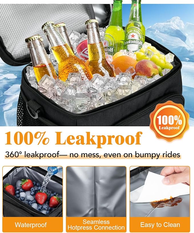 Insulated Lunch Bag for Men & Women, 9L Leakproof Lunch Box Soft Cooler Tote with 5 Pockets, 600D Oxford, EVA Lining, Adjustable Strap for Work, Picnic, Beach&Travel-Black
