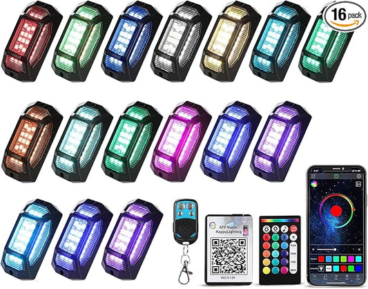 16 Pods RGB Rock Lights for Trucks - 5-Sided LED Underglow Lights with App & RF Remote Control, IP67 Waterproof Music Sync Neon Exterior Lighting Kit, No-Drill Universal Fit for SUV, ATV, Off-Road