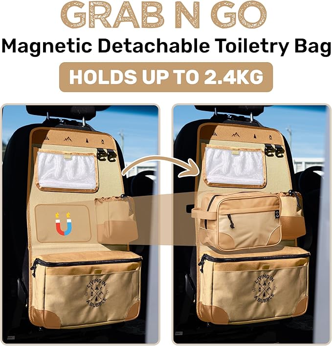 Living in a Bubble Seat back Organizer – Magnetic Toiletry and Cooler Pouch, Cordura Car Backseat Storage with Device Holder & Hooks, Multi-Compartment Utility Bag for Campervans & Family Travel