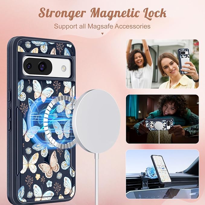 for Google Pixel 8A Case 6.1 Inch - Compatible with MagSafe Women Girls Cute Magnetic Protective Cover Kawaii Girly Blue Butterfly Heavy Duty Shockproof Design for Google Pixel 8A Phone Cases