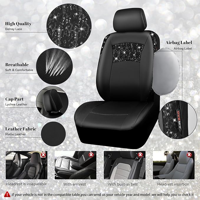 CAR PASS Universal Black Leather Lace Car Seat Covers Full Set for Women Girls,Waterproof Car Floor Mats Carpet,Glitter Steering Wheel Cover for Cars Accessories Interior Sets (Black)