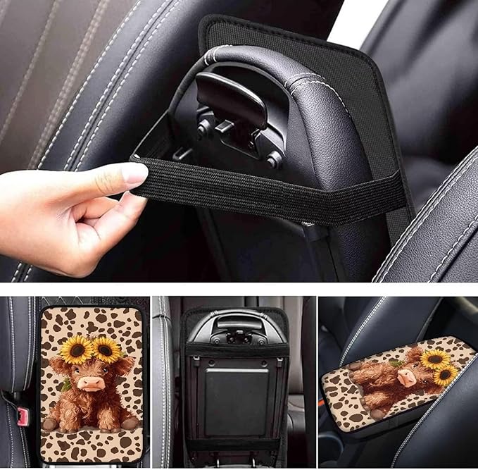 Dreaweet Car Center Console Cover Cute Highland Cow Car Accessories Arm Rest Cover for Car Women Soft Comfortable Car Armrest Storage Box Mat Easy to Install