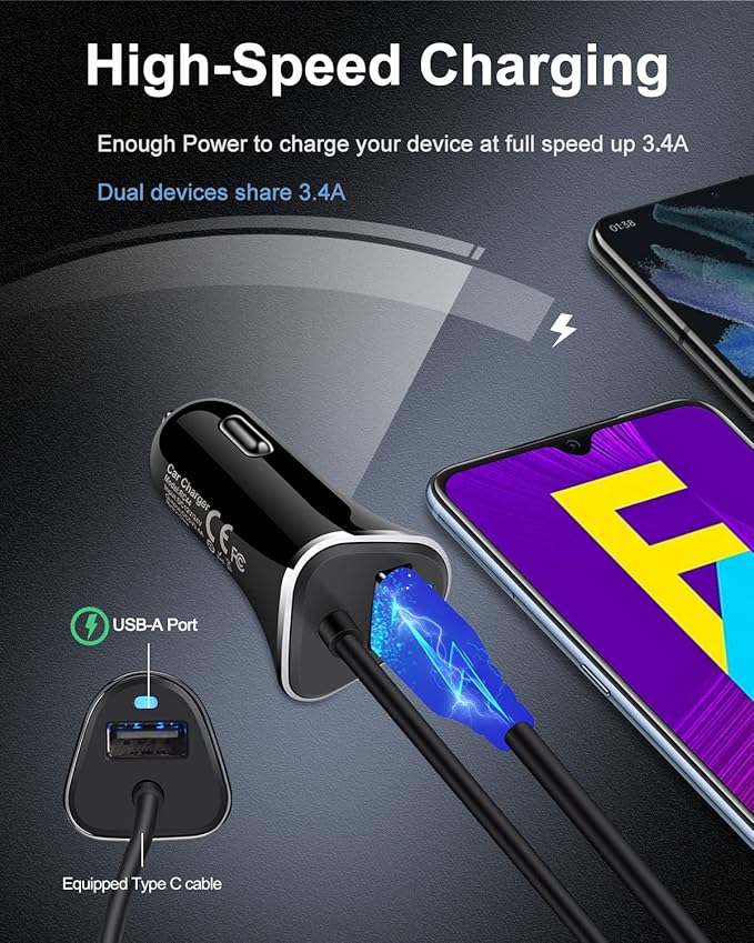 USB Type C Car Charger, 2Pack 3.4A/3ft USBC Car Charger Adapter TypeC Power Cable Line for iPhone 17e/17/16E/16/16 Pro/15 Pro Max Plus Samsung Galaxy A17 5G S26 S25 S24 Ultra A16 Google Pixel