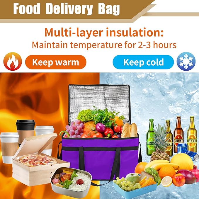 PEASUG Insulated Bags for Food Delivery, XXXL Pizza Delivery Bags, Large Capacity Cooler Bag Keep Food Warm for Grocery Shopping and Catering, Foldable, Heavy-Duty (Purple)