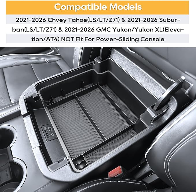 Center Console Organizer for 2021-2026 Chvey Tahoe(LS/LT/Z71) & 2021-2026 Suburban(LS/LT/Z71) &2021-2026 GMC Yukon/Yukon XL(Elevation/AT4) Armrest Storage Accessories-Not Fit For Power-Sliding Console