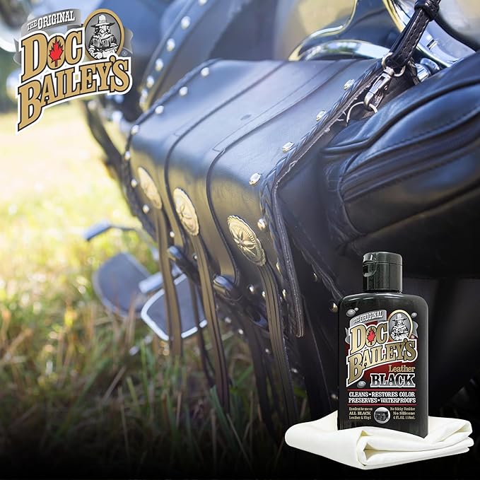 Doc Baileys Black Leather Detail Kit - All-in-One Leather Cleaner, Conditioner, Dye & Waterproofer - Restores Faded Black Leather, Vinyl & Rubber for Motorcycle Seats, Jackets, Boots & Cars 4oz