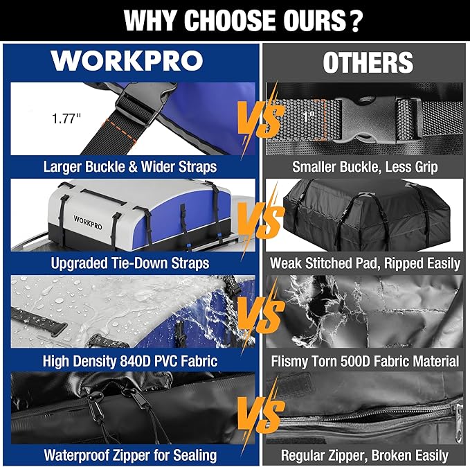 WORKPRO Rooftop Cargo Carrier Roof Bag, 21 Cubic Feet, Waterproof Roof Rack Cargo Carrier for Vehicle with/Without Rack, Heavy Duty 840D PVC, Includes Anti-Slip Mat, 6 Safety Hooks and Storage Bag