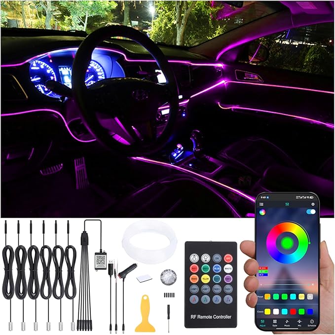 Car Interior Strip Lights, 6 in 1 Multicolor RGB Car Ambient Lighting Kit, 8m Fiber Optic EL Neon Tube Light, DIY Mode Music Sync RF Remote Control + APP Control DC 12V