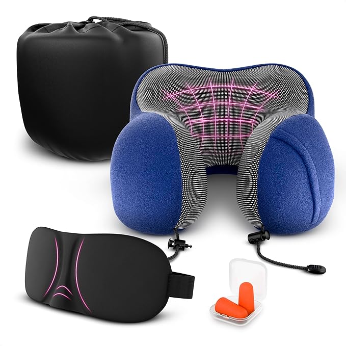 Neck Pillow for Plane Travel – 4-in-1 Kit | Adjustable Blue Memory Foam Neck Support Pillow, Eye Mask, Earplugs, & Cover | Cozy, Washable Cotton Cover with Secure Buttons – Comfort Traveling