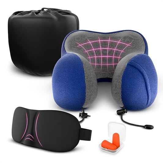 Neck Pillow for Plane Travel – 4-in-1 Kit | Adjustable Blue Memory Foam Neck Support Pillow, Eye Mask, Earplugs, & Cover | Cozy, Washable Cotton Cover with Secure Buttons – Comfort Traveling