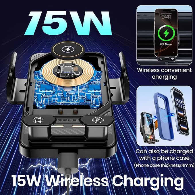 Wireless Car Phone Charger Holder, Smart Auto-Clamping Fast Charging Car Phone Holder with Atmosphere Lights, Rotating Air Vent Mount Compatible with All Smartphones (Black)