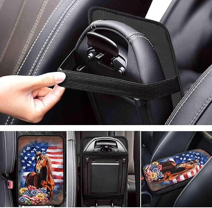 Suobstales Horse Daisy American Flag Print Car Armrest Pad Soft Center Console Arm Rest Protector Cover Universal Car Interior Accessories Decoration