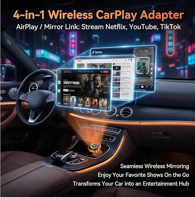 4-in-1 Wireless CarPlay Adapter with Screen Mirroring, Watch Netflix/YouTube in Car, Android Auto AirPlay Mirror Link, Plug & Play No App, Compatible with 800+ Cars iPhone Android