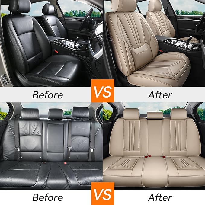 Car Seat Covers, Premium Leather Car Seat Covers, Waterproof and Breathable Seat Covers, Universal Car Seat Protector Fit for Cars, Trucks, SUVs, Pick-ups (Beige, FullSet)