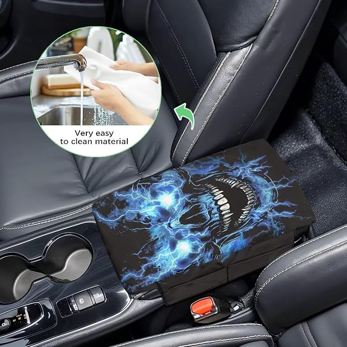 Tupalatus Cool Skull Car Center Console Cover Waterproof Armrest Cushion Cover Pad Breathable Car Center Console Replacement with Storage Pockets for Most Vehicle, SUV, Truck, Car