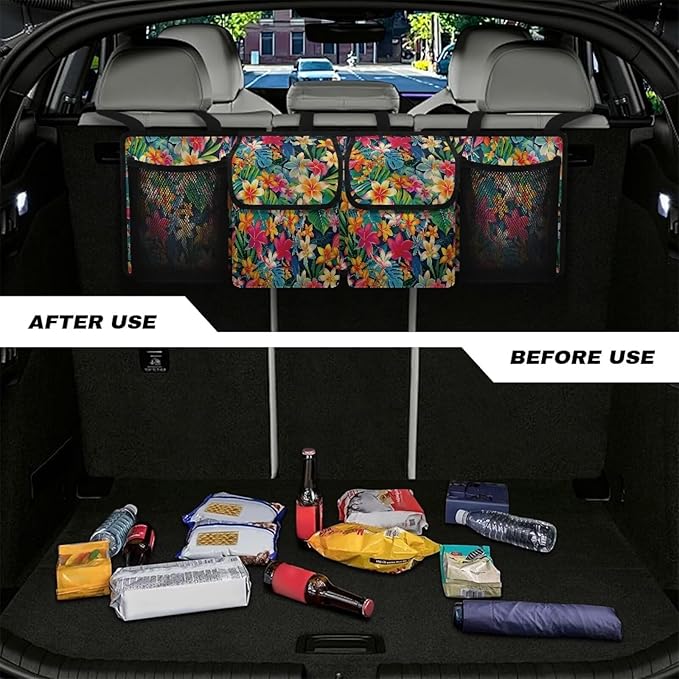 Colorful Tropical Flower Car Trunk Organizer, Large Capacity Auto Backseat Hanging Storage Bag with Adjustable Strap & 4 Pockets, Car Back Seat Cargo Bag, Car Interior Accessories