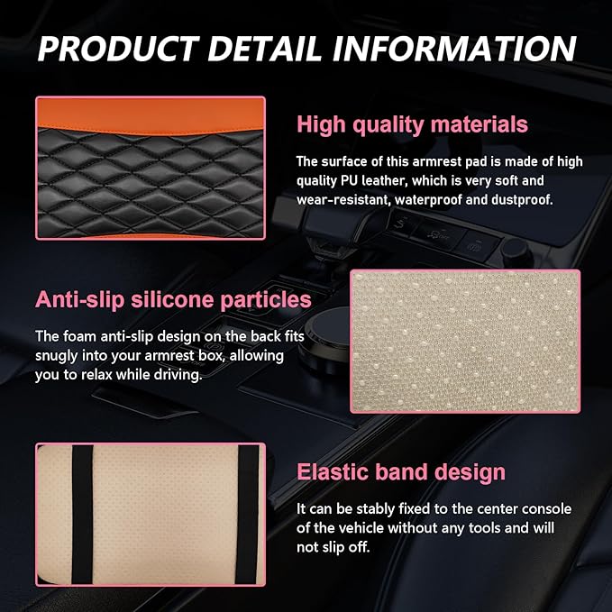 Car Center Console Cushion Pad, PU Leather Waterproof Auto Armrest Box Cover Protector, Comfortable Armrest Seat Box Cover Mat, Universal Car Accessories for SUV Truck (Orange)
