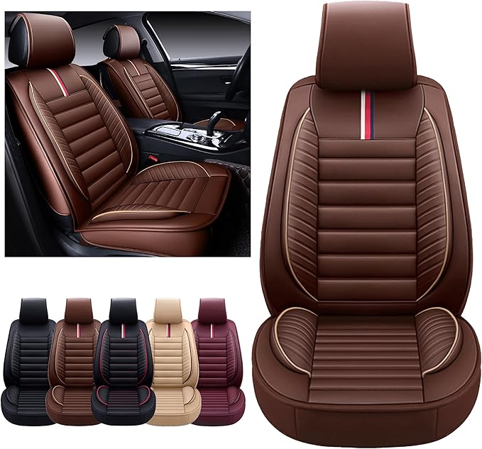 OASIS AUTO Car Seat Covers Front Seats Premium Waterproof Faux Leather Cushion Universal Accessories Fit SUV Truck Sedan Automotive Vehicle Auto Interior Protector (OS-001 Brown)