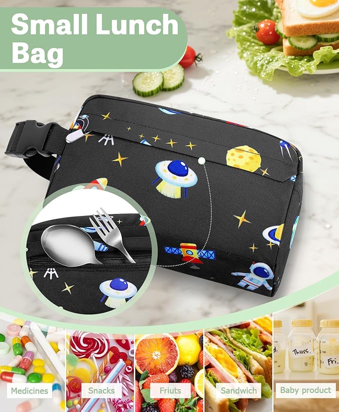 Small Insulated Snack Bag Lunch Bag for Kids Lunch Box for Women/Men, Collapsible [3L/5-Can] Reusable Lunch Bag Cooler Bag for Bottle with Handle Buckle for Work/School,Planet Astronauts