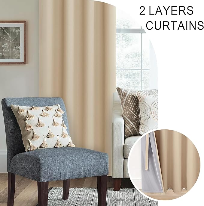 XWZO Total Blackout Curtains 84 Inches Long - Thermal Insulated Black Liner, Noise Reducing & Heat Blocking Drapes for Hall and Studio Windows with Tiebacks, Biscotti Beige, W38 x L84, Set of 2