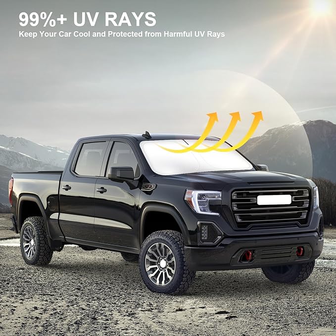 Car Sun Shade for 2019-2024 2025 2026 Chevy Silverado 1500 Windshield Sun Shade, Sun Visor Windshield Screen Cover for GMC Sierra Front Window Sunshade Foldable Auto Interior Accessories