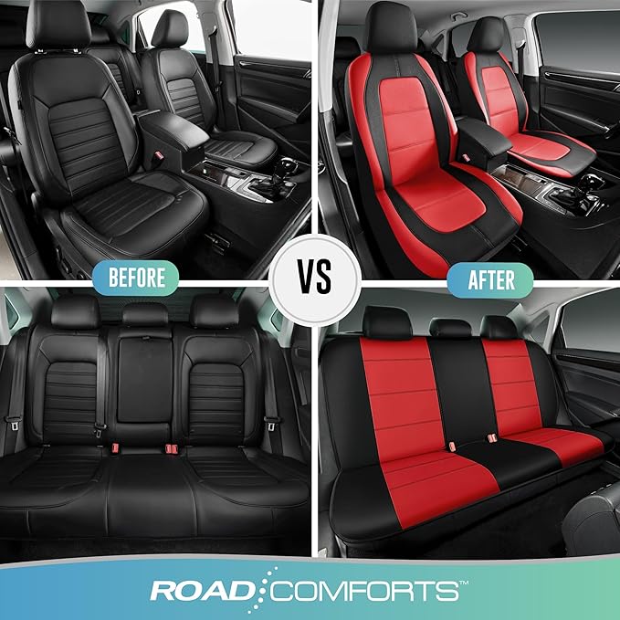Road Comforts Car Seat Cover, Leather Car Seat Cover Full Set, Automotive Seat Covers, Airbag Compatible Universal Fit for Most Cars (Red)
