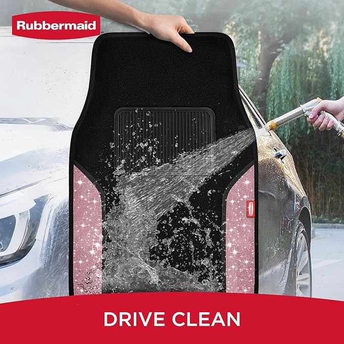 Rubbermaid Bling Car Mats, Carpeted Floor Car Mat with Faux Leather & Built-in Heel Pad, Two-Tone Car Rug Floor Mats, Stylish Carpeted Floor Mats for Cars, Trucks & SUVs Glitter Pink Color