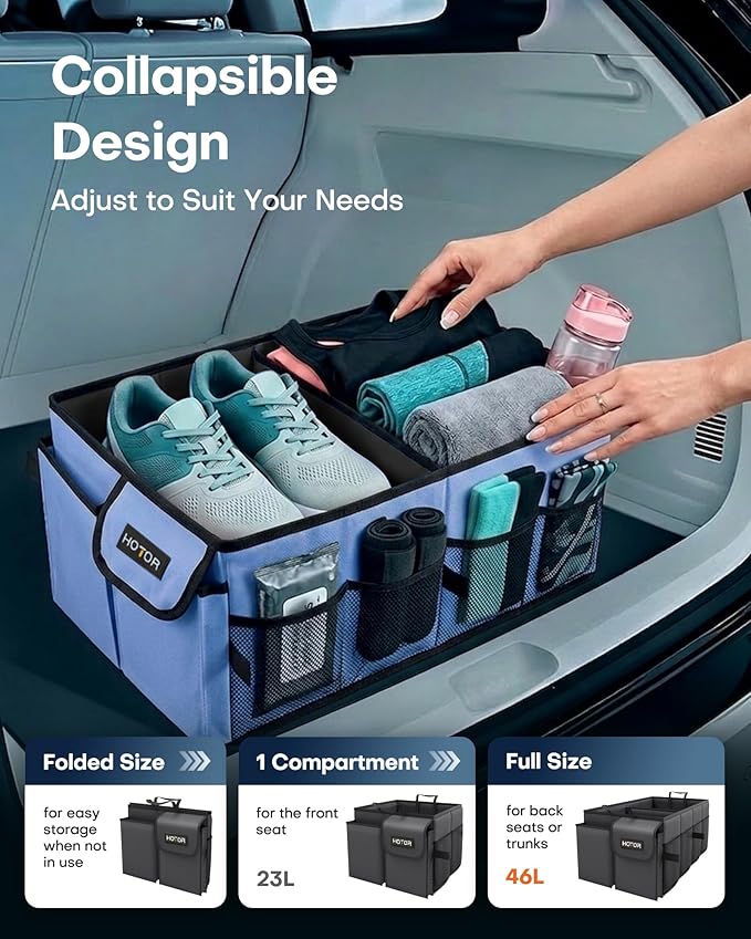 HOTOR Trunk Organizer for Car - Car Organizer, Foldable Trunk organizer for SUVs & Sedans, Sturdy Organization for Car Accessories, Tools, Sundries, Blue, 2 Compartments, 21.3"×12.6"×10.6" | Foldable, Sturdy Organization, for Car Accessories, Tools, Su...